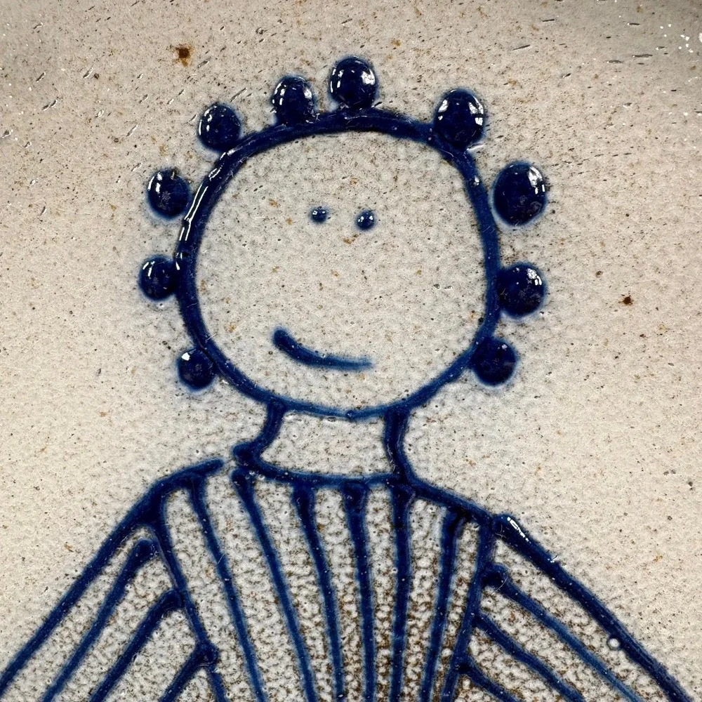 Eldreth Pottery Cobalt Blue Folk Art Rag Dog Pie Plate‎ 11 in. Signed 1980's